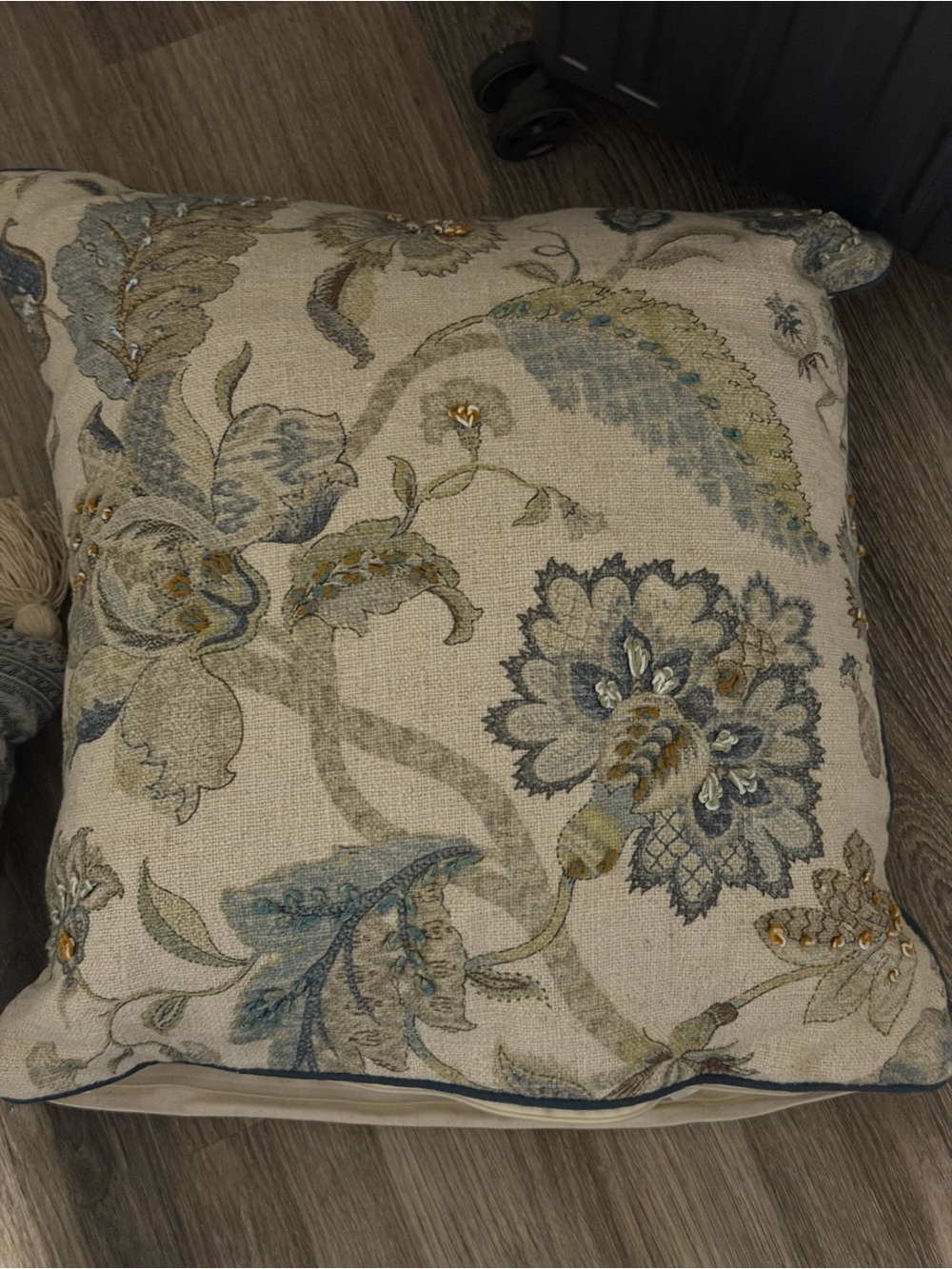 Embroidered Floral Throw Pillow - Beige with Blue & Green Accents